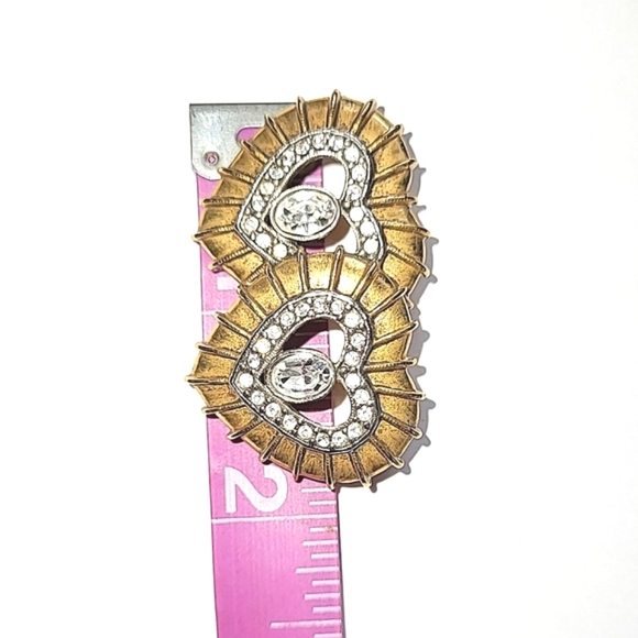 DOUBLE HEART RHINESTONE VINTAGE PIN BROOCH - Picture 4 of 6